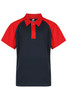A short-sleeved polo shirt featuring a navy body with red sleeves and a collar, including a logo.