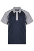 A navy and grey polo shirt featuring a collared neckline and short sleeves, with a logo on the label.