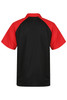 A polo shirt featuring a black body with red sleeves and a collar, designed for children.