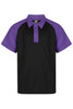 A black polo shirt with purple raglan sleeves, featuring a collar and a logo on the chest.