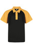 A black and yellow polo shirt featuring a collared neck and button placket, with contrasting sleeves.