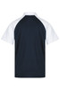 A navy and white polo shirt with a raglan sleeve design and a logo on the back.