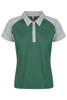 A green polo shirt with grey mesh sleeves and a collar, featuring a logo on the chest.