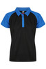 A black and blue polo shirt with a collared neckline and short sleeves, featuring a logo on the chest.