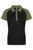 A polo shirt featuring a black body with green sleeves and a collar, with a branding logo on the chest.