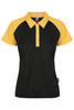 A black and yellow women's polo shirt featuring a collar and short sleeves, with a logo on the side.