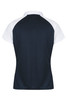 A polo shirt featuring a navy back with white sleeves and a collar, complete with branding.