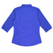 A blue button-up shirt with 3/4 sleeves and a collar, featuring a back view. It has a logo on the side.
