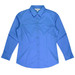 A long sleeve button-up shirt in a vibrant blue colour, featuring a collar and a fitted design. It has a logo.