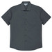 A short sleeve button-up shirt in a dark grey colour with a chest pocket and a logo.