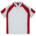 A polo shirt featuring white with red accents and contrasting details, including a logo on the collar.