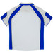 A polo shirt featuring a white body with blue accents and a logo. Suitable for kids.