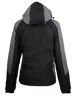 A black and grey jacket with a hood and a logo on the back. Suitable for various outdoor activities.