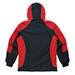 A men's jacket featuring a black body with red accents and a hood, showcasing a logo on the back.