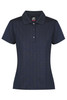 A navy polo shirt with a collared neckline and three-button placket, featuring a logo on the label.