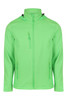 A green children's jacket featuring a zip front, adjustable hood, and zippered pockets.