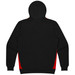 A black hoodie with red side panels and a hood. Features a logo on the back.