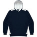 A navy hoodie with a white-lined hood and contrasting white panels on the sides. Includes a front pocket and branding.