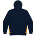 A navy hoodie featuring yellow side panels, with a hood and a casual design. It has a logo on the front.