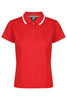 A red polo shirt featuring a classic collar and white accents, with a logo on the left side.