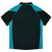 A dark green polo shirt featuring blue side panels and a logo. The back view highlights its sporty design.