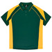 A polo shirt featuring green and yellow panels, with a collar and a branded label at the neck.