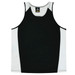 A black and white singlet with a sporty design and a logo on the neckline.