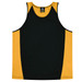 A black and yellow singlet featuring a logo, designed for kids.