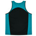 A sleeveless singlet in teal and black, featuring a simple design with a logo.