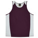A maroon singlet with white side panels, featuring a branded label at the neckline.