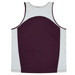 A singlet featuring a maroon front and light grey back, with a logo on the design.