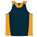 A sleeveless shirt in navy blue and gold, featuring a logo. Suitable for kids' wear.