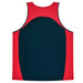 A red and navy blue singlet featuring a logo, with a plain design and no visible text or graphics.