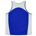 A blue and grey sport singlet featuring a logo on the back. Suitable for kids.