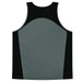 A grey and black singlet with a sporty design and a logo on the back.