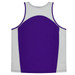 A purple and grey singlet with a sporty design, featuring a stitched neckline and a logo.