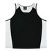 A black and white singlet featuring a logo, made from a lightweight fabric.