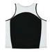 A men's singlet featuring a black body with white sides and a logo on the back.