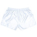 White rugby kids shorts with an elastic waistband and a smooth finish, featuring a logo.