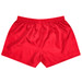 Red sports shorts with an elastic waistband, featuring a logo on the back. Suitable for kids’ rugby.