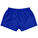 A pair of blue rugby shorts with an elastic waistband, designed for children's sports activities.