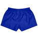 Blue rugby kids shorts with an elastic waistband and a logo on the back.