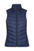 A navy blue insulated vest with a high collar and zippered pockets, featuring a logo.