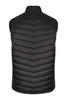 A black men's vest with a quilted design and no sleeves, featuring a high collar and a logo.