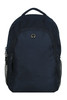 A dark navy backpack with a zippered front pocket and mesh side pockets, featuring a logo on the front.