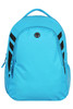 A bright blue backpack with black stripes, featuring side mesh pockets and a front zip compartment. It has a logo on the front.