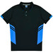 A black polo shirt featuring blue accents and a logo on the chest area.
