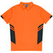 An orange polo shirt with contrasting black details and a collar, featuring a logo on the left side.