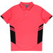 A pink polo shirt featuring black side panels and a logo. Designed for kids, with a collar and button placket.