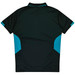 A black polo shirt with teal accents on the sides, featuring a collar and a logo.